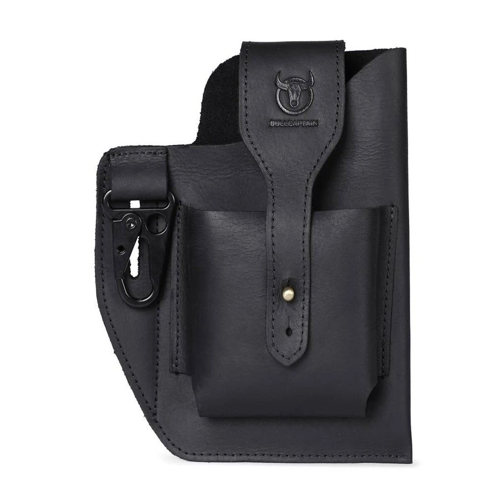 (image for) BULLCAPTAIN Genuine Leather Waist Bag for Men Belt Bag Packs 7inch Cell Phone Purse Waist Bag Wear Buckle Retro Belt Pack