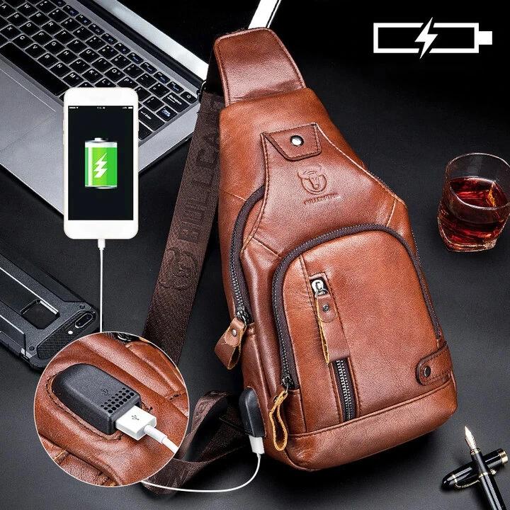 (image for) BULLCAPTAIN Mens Genuine Leather USB Charging Large Capacity Business Casual Chest Bag Shoulder Crossbody Bag